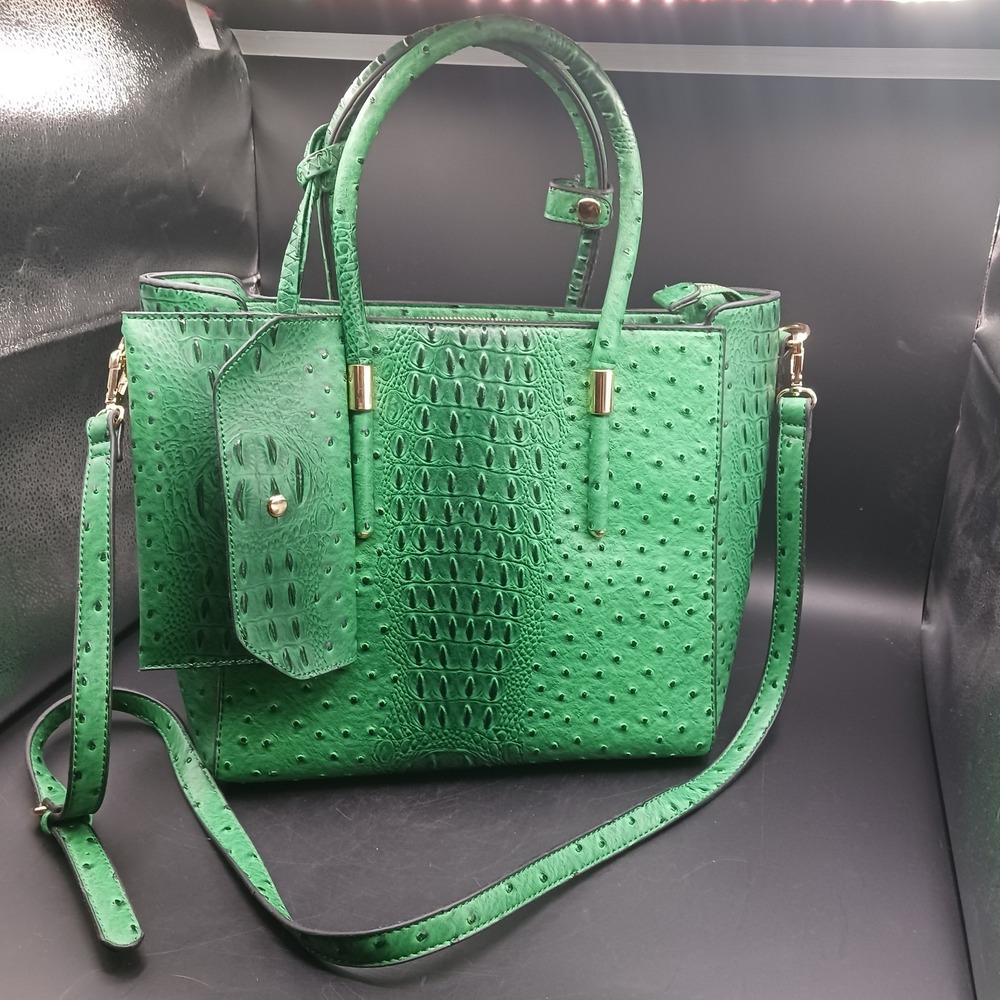 Faux Crocodile Purse VEGAN Leather Green Double Handle & Shoulder Strap & pouch